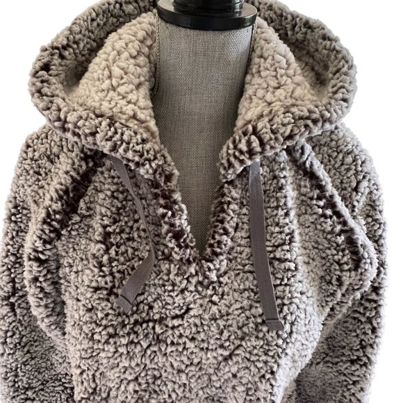 Altar'd State Sherpa Fleece Hoodie Pullover Sweater Gray Small V-Neck Cabincore - Picture 4 of 14